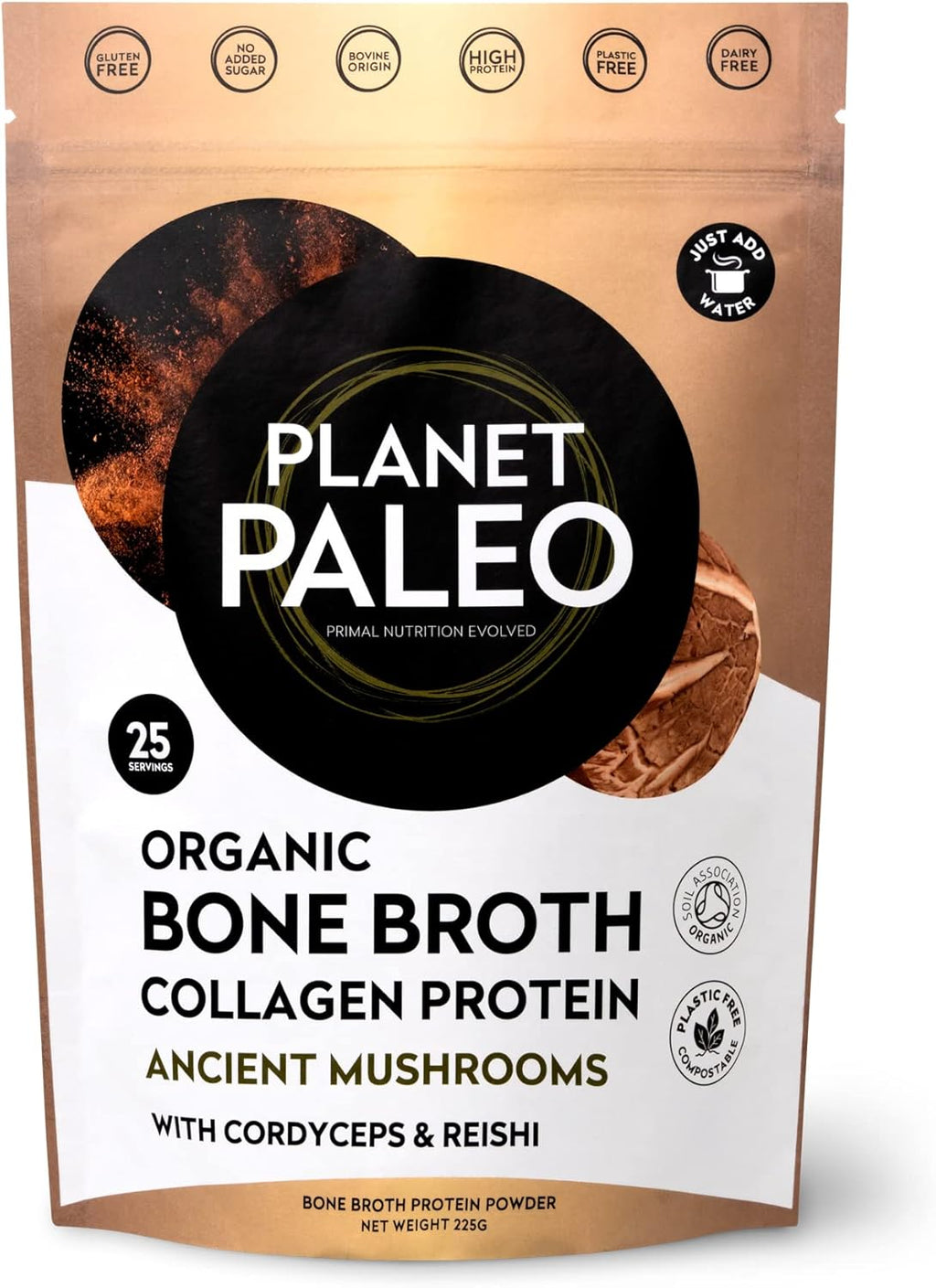 Organic Bone Broth - Ancient Mushrooms (225G, 25 Servings) - Organic, Grass Fed, High Protein, with Reishi, Cordyceps, Lion'S Mane and Shiitake - Adaptogens for Healthy Defences