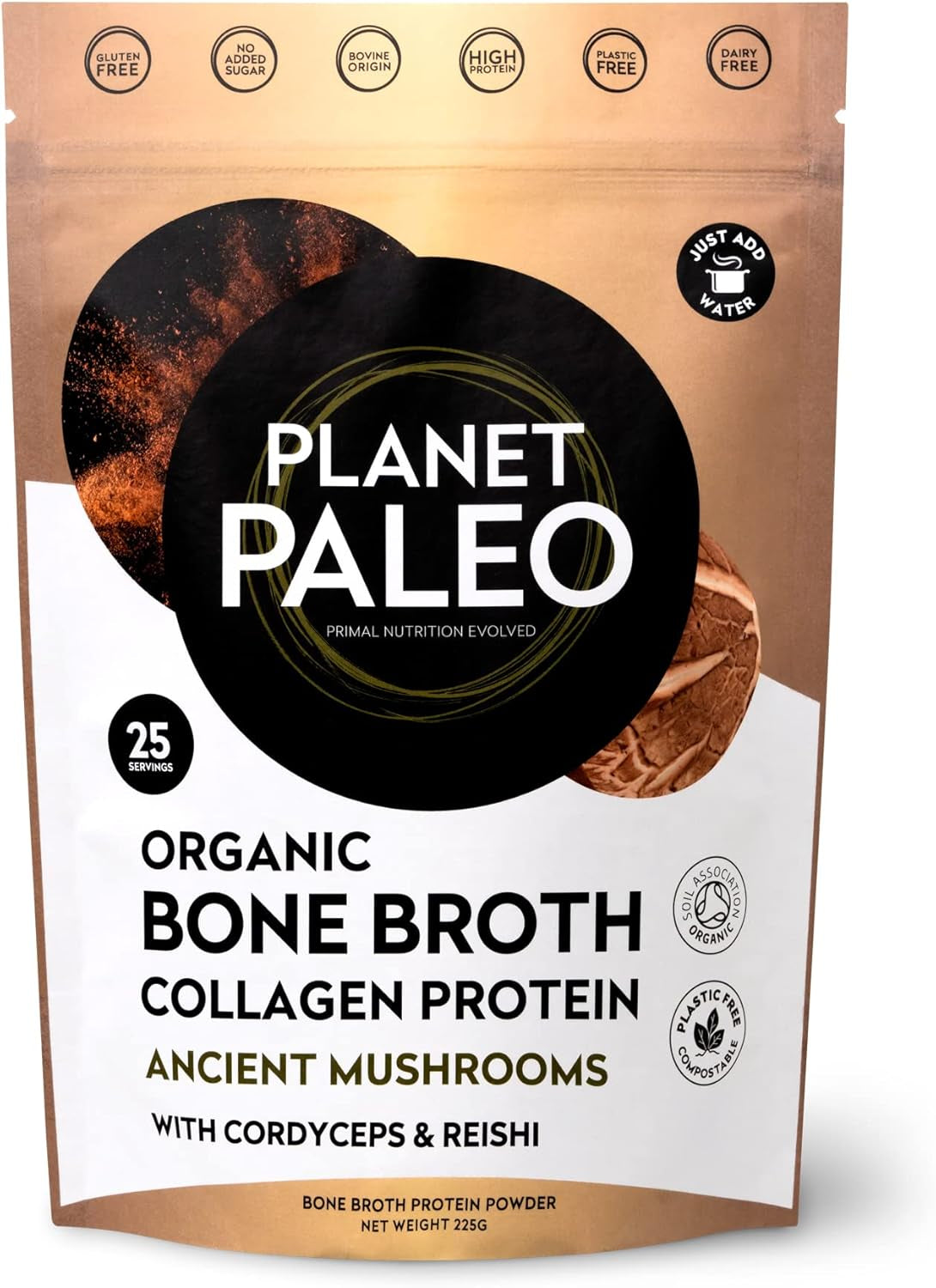Organic Bone Broth - Ancient Mushrooms (225G, 25 Servings) - Organic, Grass Fed, High Protein, with Reishi, Cordyceps, Lion'S Mane and Shiitake - Adaptogens for Healthy Defences