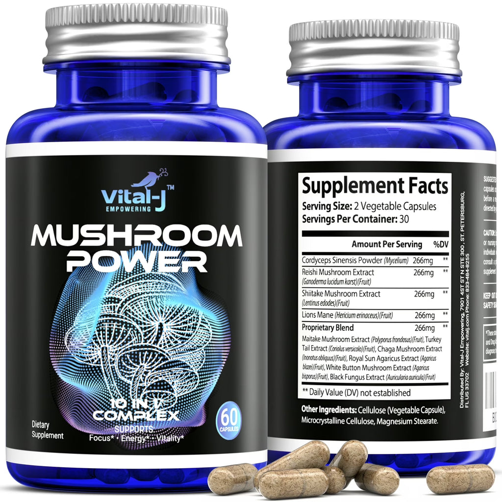 Mushroom Power Complex 10-In-1 Nootropic Dietary Supplement for Gut Microbiome, Focus, Energy & Vitality - 120 Capsules