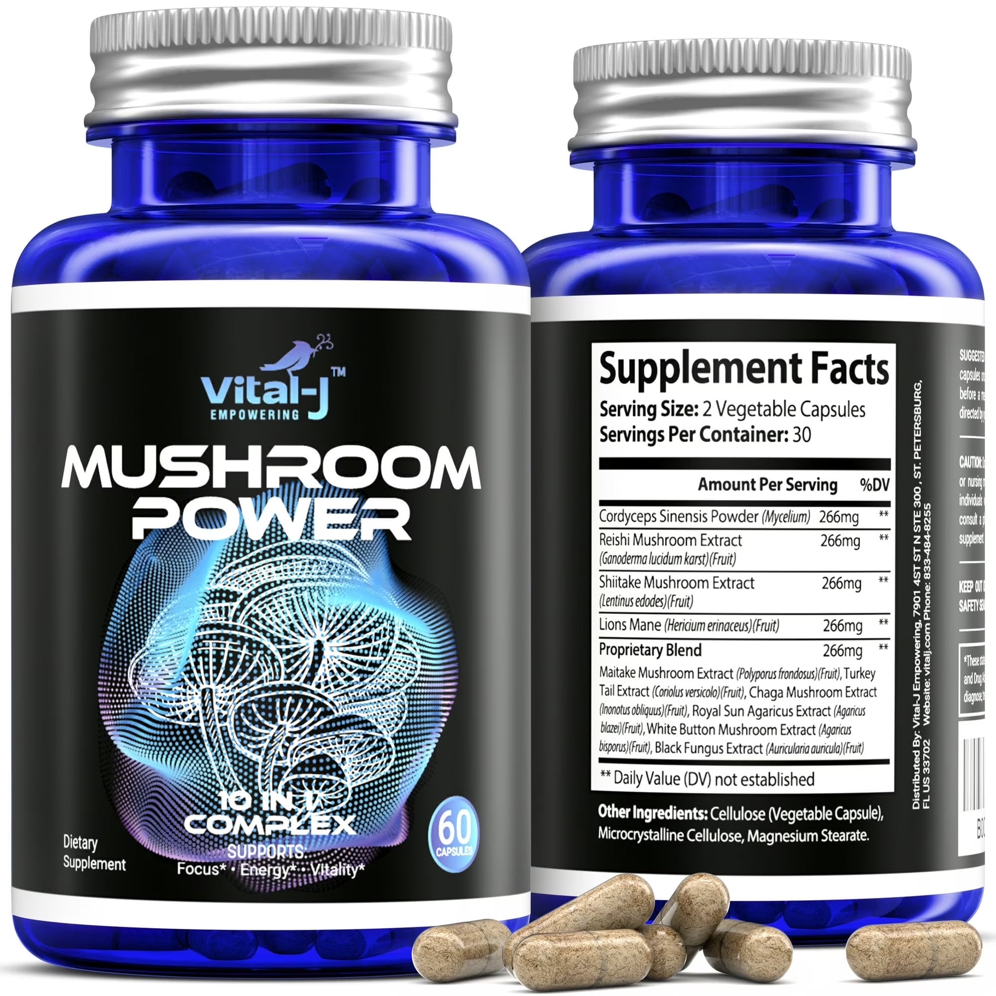 Mushroom Power Complex 10-In-1 Nootropic Dietary Supplement for Gut Microbiome, Focus, Energy & Vitality - 120 Capsules