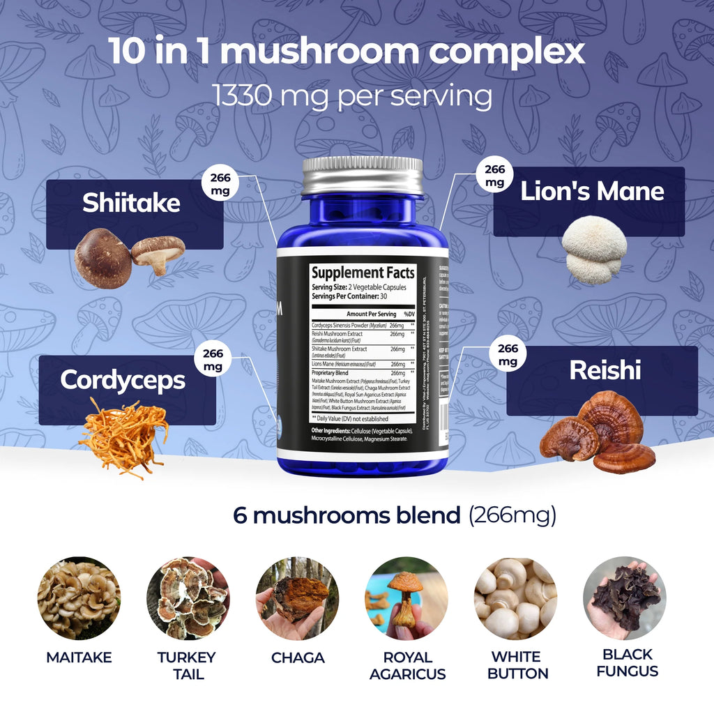 Mushroom Power Complex 10-In-1 Nootropic Dietary Supplement for Gut Microbiome, Focus, Energy & Vitality - 120 Capsules