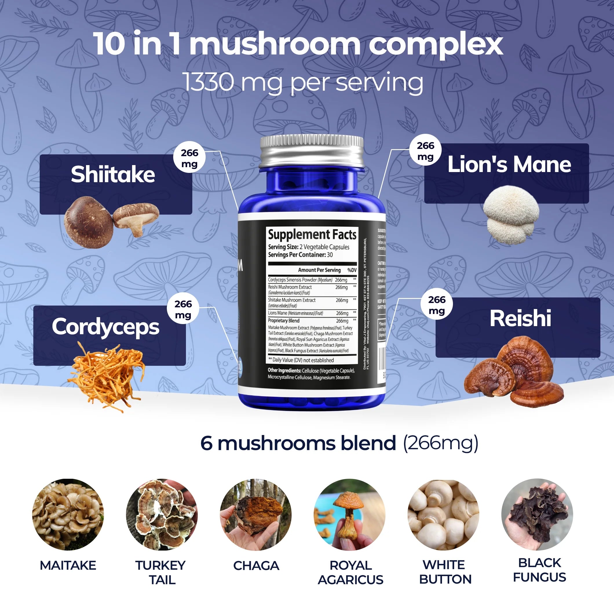 Mushroom Power Complex 10-In-1 Nootropic Dietary Supplement for Gut Microbiome, Focus, Energy & Vitality - 120 Capsules