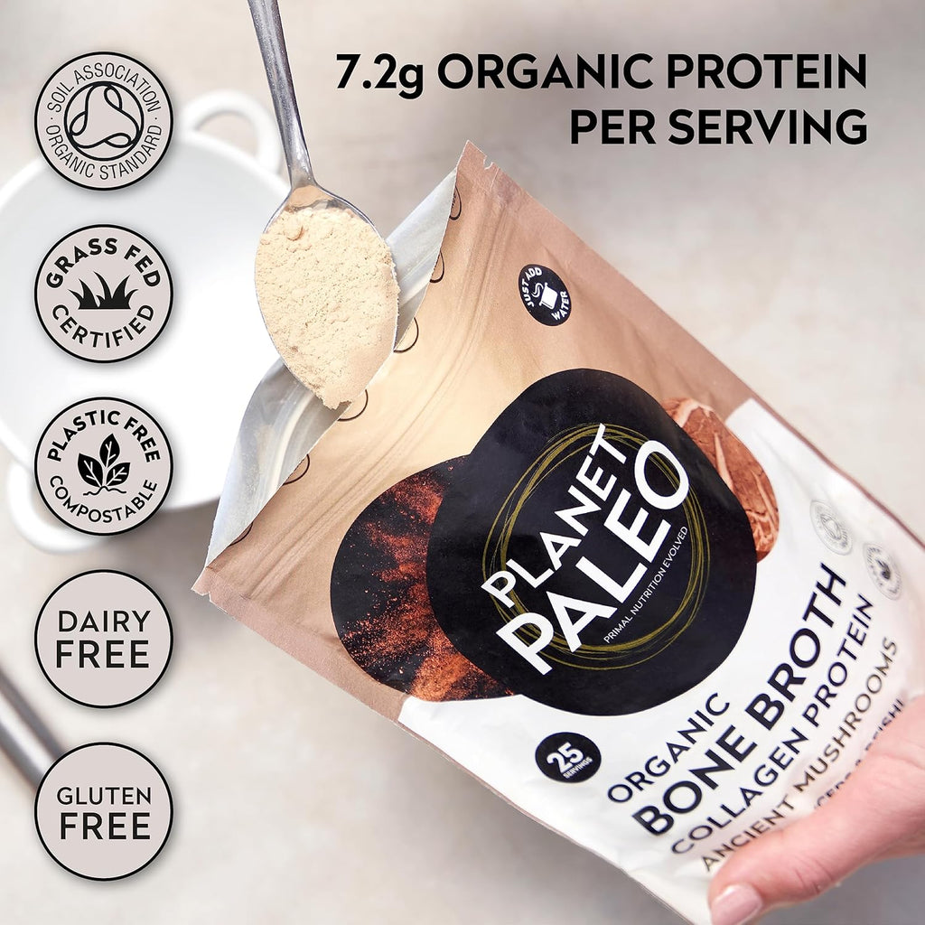 Organic Bone Broth - Ancient Mushrooms (225G, 25 Servings) - Organic, Grass Fed, High Protein, with Reishi, Cordyceps, Lion'S Mane and Shiitake - Adaptogens for Healthy Defences