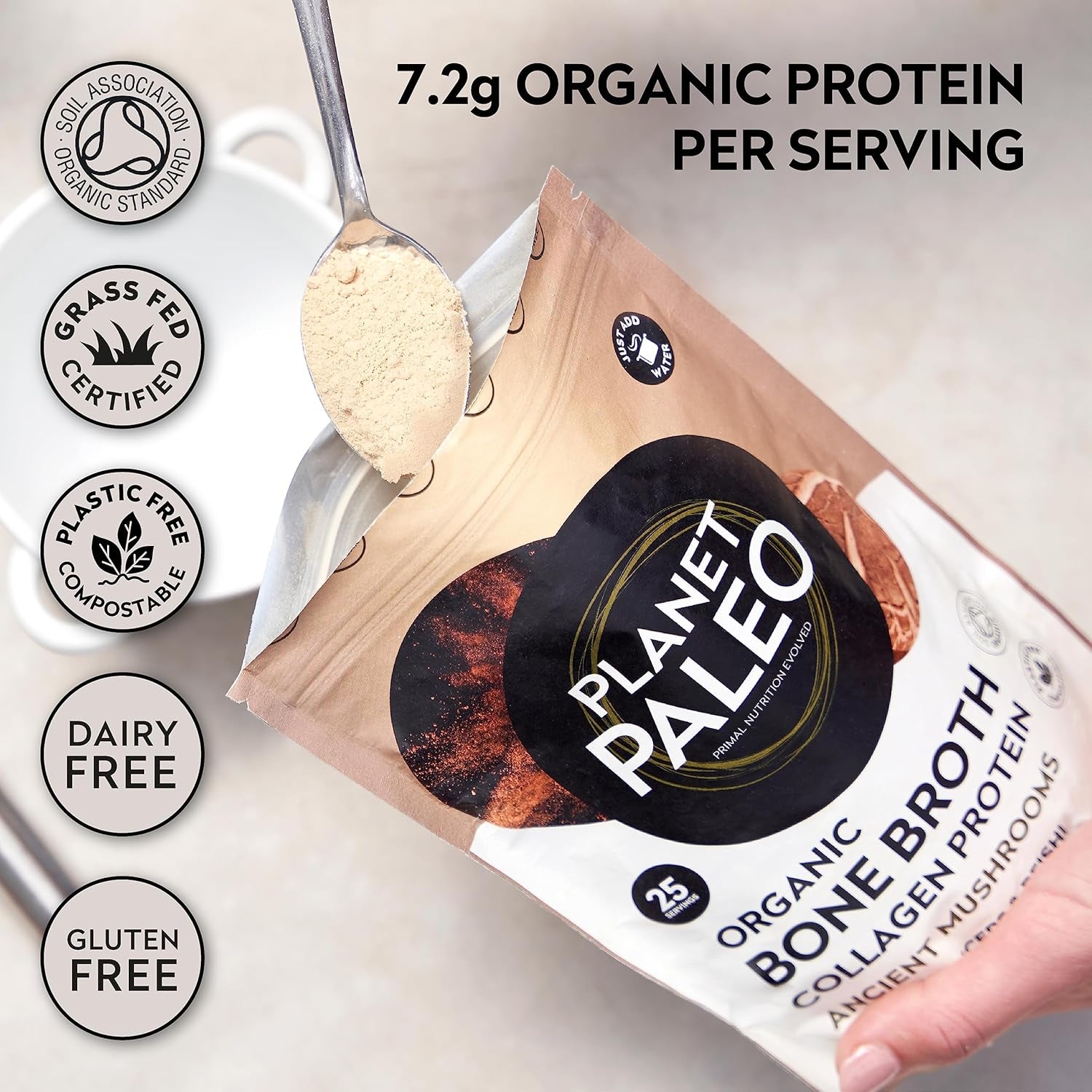 Organic Bone Broth - Ancient Mushrooms (225G, 25 Servings) - Organic, Grass Fed, High Protein, with Reishi, Cordyceps, Lion'S Mane and Shiitake - Adaptogens for Healthy Defences