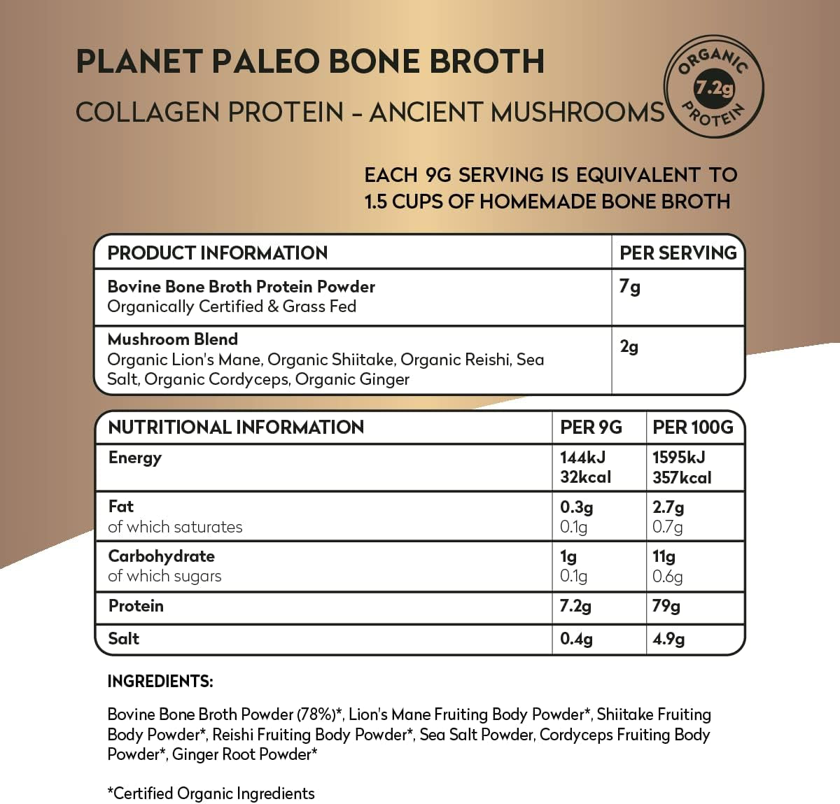 Organic Bone Broth - Ancient Mushrooms (225G, 25 Servings) - Organic, Grass Fed, High Protein, with Reishi, Cordyceps, Lion'S Mane and Shiitake - Adaptogens for Healthy Defences