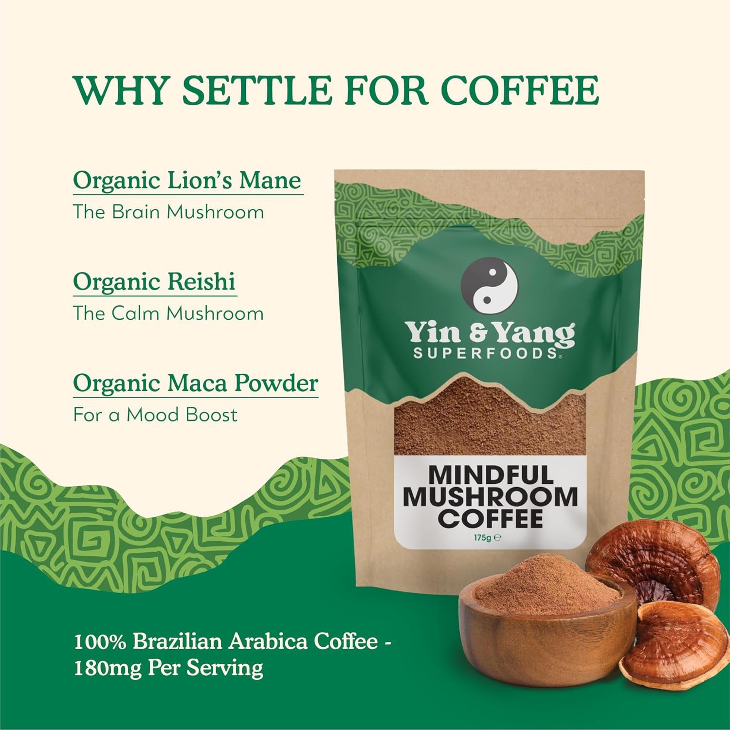 Mushroom Coffee 175G, by  (35 Servings), Boost Focus & Immunity | Reishi, Cordyceps, Lion'S Mane, Chaga, Brazilian Arabica Instant Coffee | Antioxidant Rich
