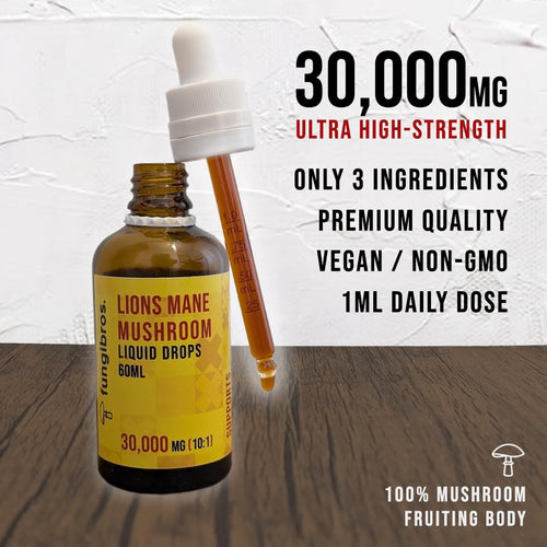 . High Strength Lions Mane Liquid 60Ml 30,000Mg 10:1 Extract Ratio, 2-Month Supply, Functional Mushroom 100% Fruiting Body