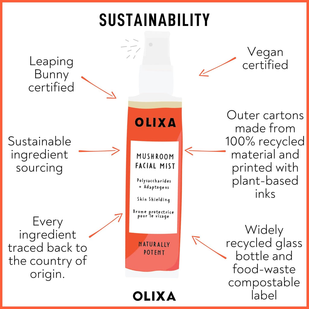 Olixa Beauty - Mushroom Facial Mist - Skin Protecting - with Reishi Mushroom, Shiitake Mushroom, Holy Basil, Ashwaghandha, Ginseng - Adaptogen - Face Mist Spray - 50Ml