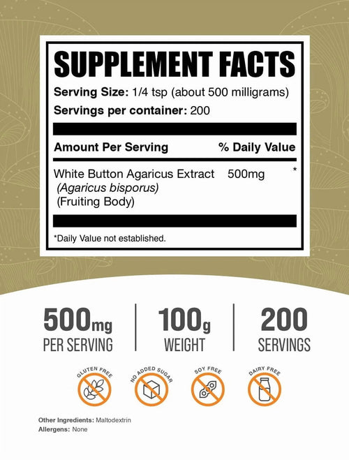 Bulksupplements White Button Mushroom Extract Powder - Herbal Supplement, Agaricus Bisporus Extract - Vegan, 500Mg per Serving, 100G (3.5 Oz)