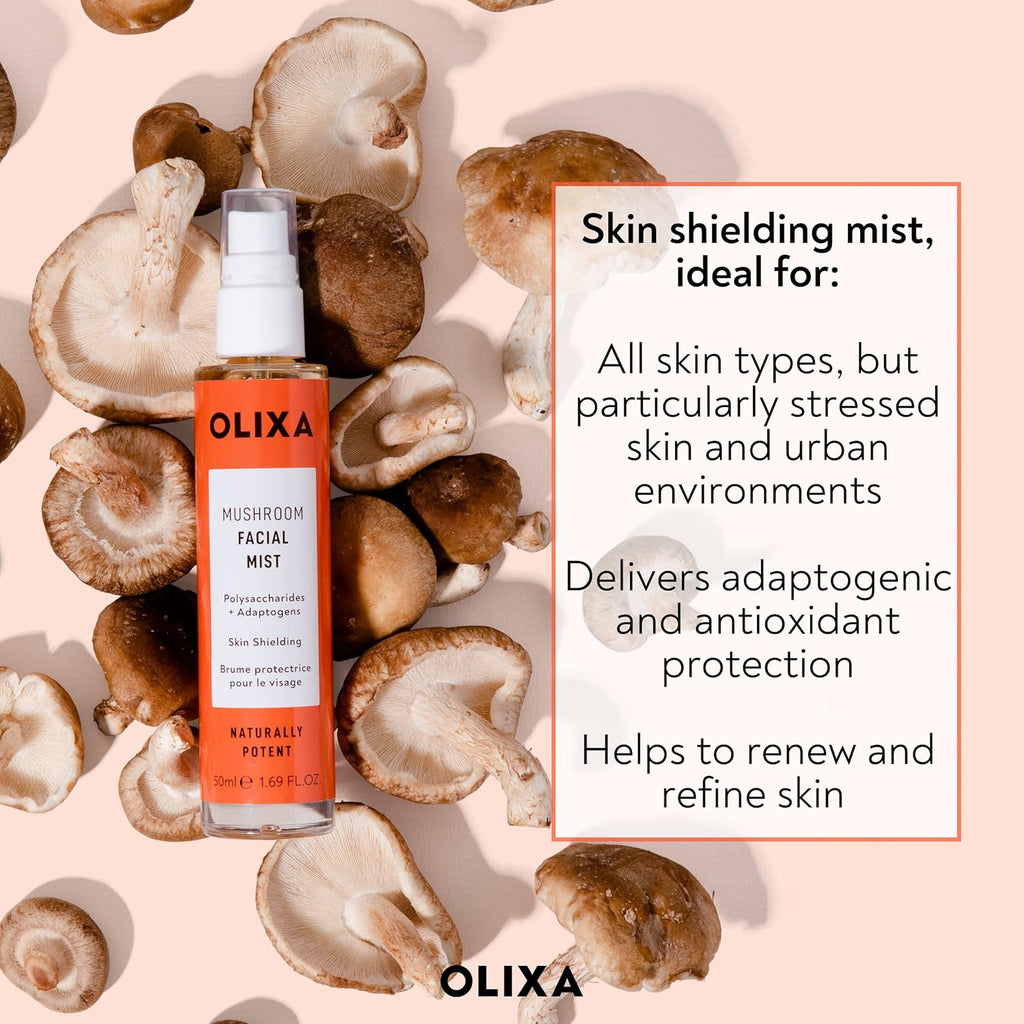 Olixa Beauty - Mushroom Facial Mist - Skin Protecting - with Reishi Mushroom, Shiitake Mushroom, Holy Basil, Ashwaghandha, Ginseng - Adaptogen - Face Mist Spray - 50Ml