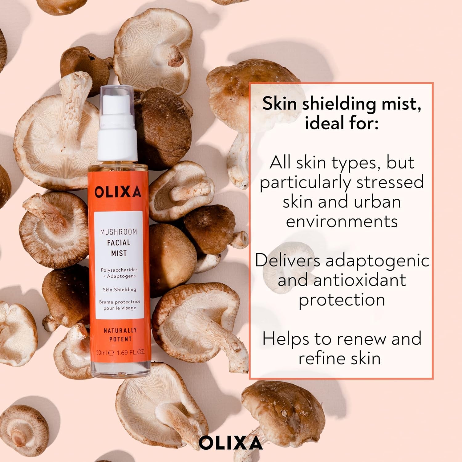 Olixa Beauty - Mushroom Facial Mist - Skin Protecting - with Reishi Mushroom, Shiitake Mushroom, Holy Basil, Ashwaghandha, Ginseng - Adaptogen - Face Mist Spray - 50Ml