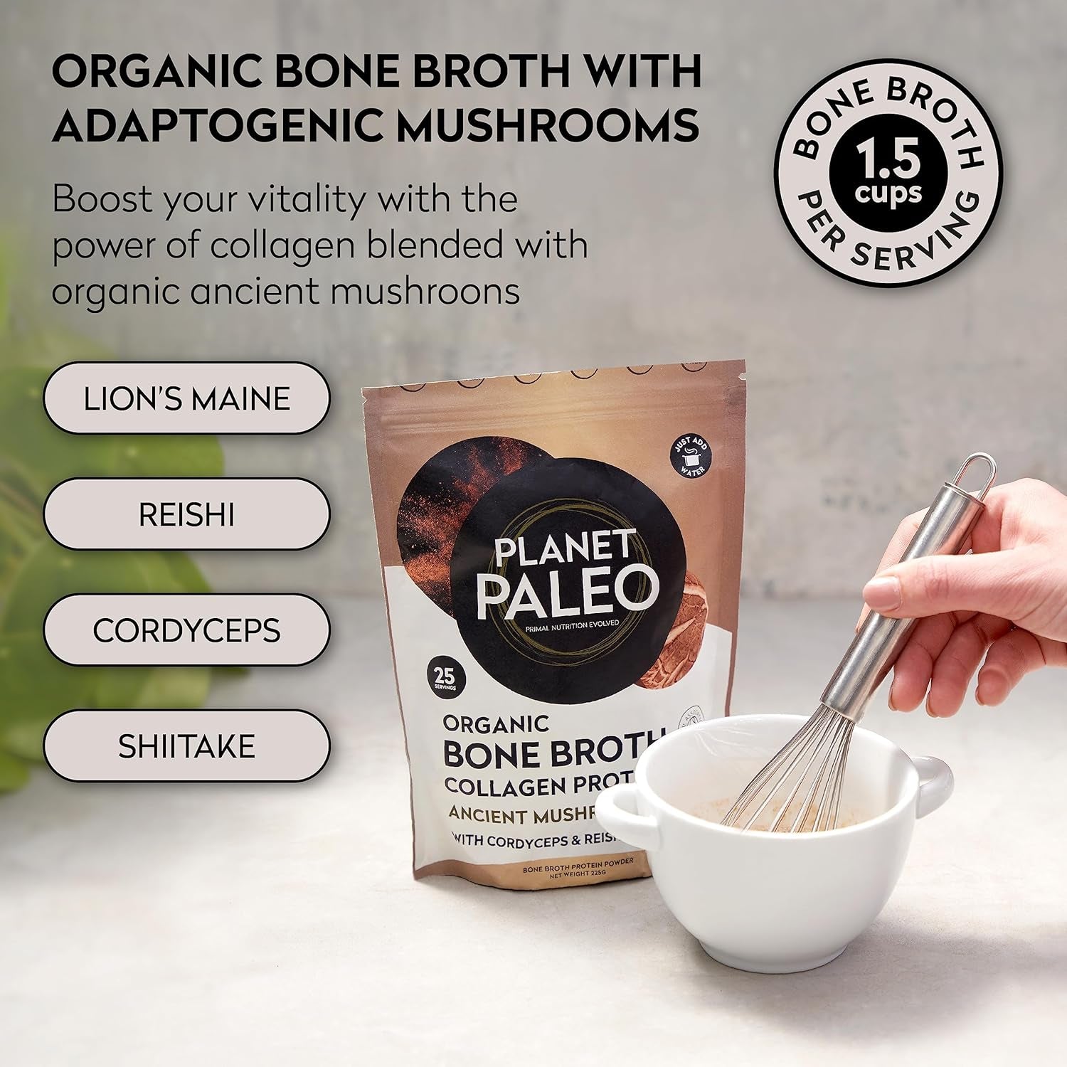 Organic Bone Broth - Ancient Mushrooms (225G, 25 Servings) - Organic, Grass Fed, High Protein, with Reishi, Cordyceps, Lion'S Mane and Shiitake - Adaptogens for Healthy Defences